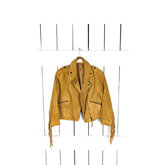 Vintage western tan brown suede leather cropped fringe boho motorcycle jacket - Picture 3 of 8